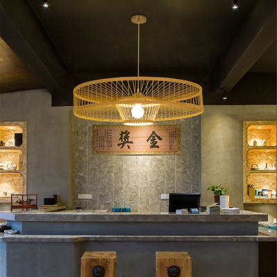 Beige Drum Pendant Lighting Single Light Asian Handmade Bamboo Suspended Light for Foyer
