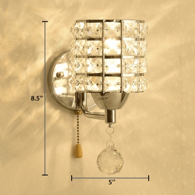 Cylinder Bathroom Sconce Lighting Clear Crystal One-Light Contemporary Style Wall Mounted Light, H8.5