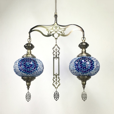 Lantern Living Room Chandelier Mosaic 2 Lights Moroccan Pendant Lamp in Blue/Red