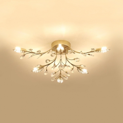 Metal Leaf Design Semi Flush Light Multi Lights Modern Style Ceiling Lighting In Gold With Clear Crystal Beautifulhalo Com - Gold Leaf Design Ceiling Light