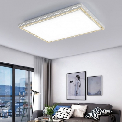 Modern Rectangle LED Flush Mount Light Acrylic White Ceiling Lamp with Clear Crystal Decoration for Bedroom