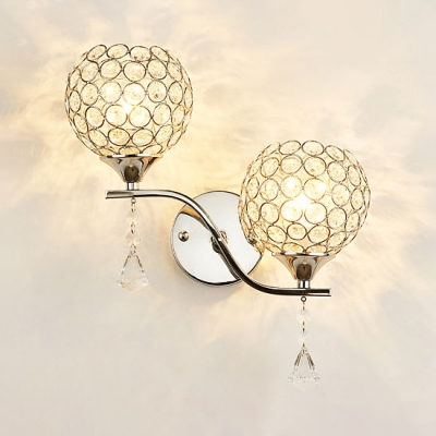 Orb Bedroom Wall Mounted Light Clear Crystal 2-Light Contemporary Sconce Lighting in Silver/Gold