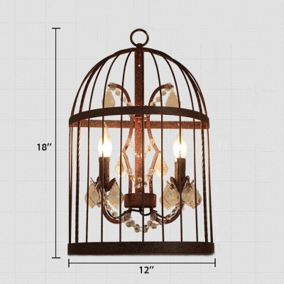 Restaurant Candle Sconce Light with Clear Crystal and Bird Cage Vintage Style Black/Rust Wall Lighting Fixture