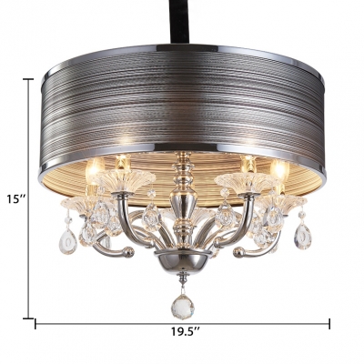 5 Lights Drum Pendant Lighting with Clear Crystal Decoration Modern Style Fabric Flush Light