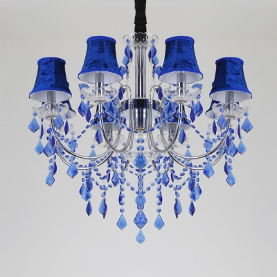 Living Room Candle Chandelier Metal Height Adjustable Antique Chandelier Light with Blue Crystal and 12