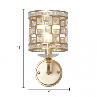 Antique Style Cylinder Sconce Light Metal and Clear Crystal 1/2 Lights Wall Lighting Fixture for Bedroom