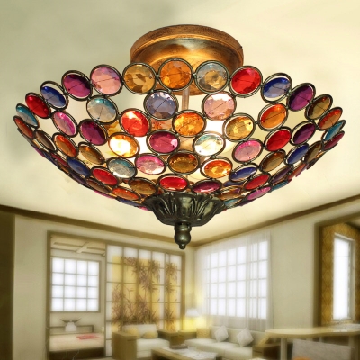 Bowl Restaurant Ceiling Light with Colorful Crystal 3/5 Bulbs Semi Flush Light in Bronze/Brass/White