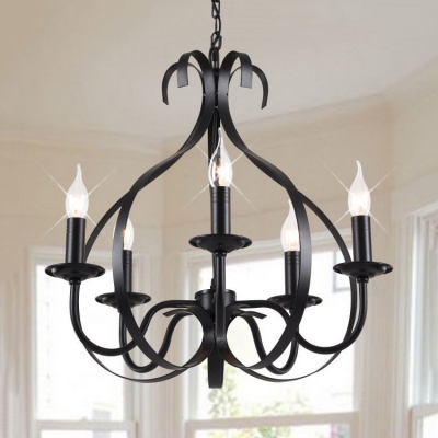 Candle Chandelier Dining Room Rustic Pendant Light with Adjustable Chain in Black