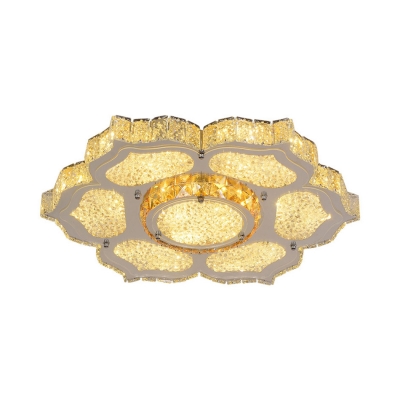 Contemporary Flower Flush Light Metal White LED Ceiling Fixture with Clear Crystal for Living Room