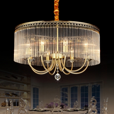 Drum Living Room Chandelier with Candle Clear Crystal Transitional Pendant Light in Brass