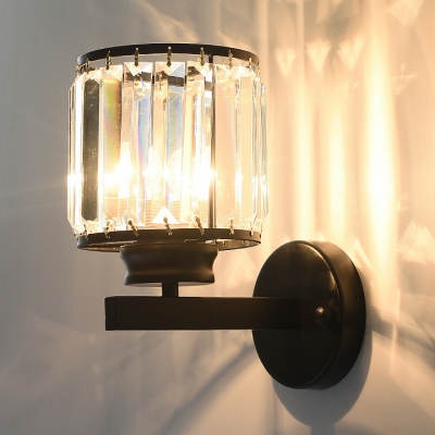 Drum Sconce Bedroom 1 Light Traditional Wall Lamp with Clear Crystal in Black/Gold