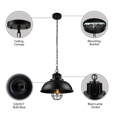 Industrial Bowl Shade Pendant Light in Black for Dining Room Kitchen ...