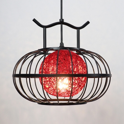 Lantern Pendant Light with Green/Red/Yellow Rattan Shade Asian Lighting Fixture for Living Room