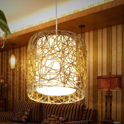 Pastoral Drum Pendant Lighting Rattan 1 Light Beige Hanging Lamp for Corridor