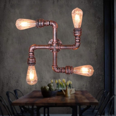 Pipe Shape Wall Light Metal 4 Lights Antique Sconce Light in Rust for Living Room