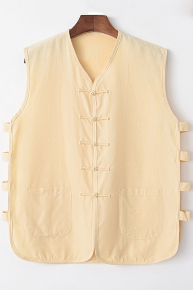 Vintage Chinese Style Simple Plain Frog Button Sleeveless Cotton Vest for Men