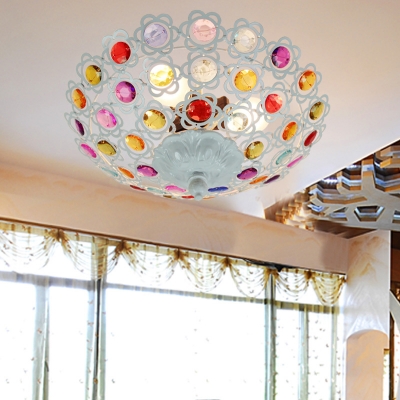 White Bowl Ceiling Light 1 Light Vintage Colorful Crystal Semi Flush Mount Light for Living Room