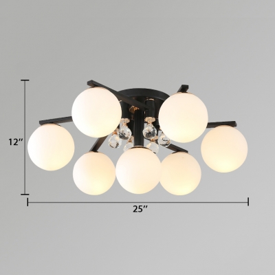 White Globe Ceiling Lamp Contemporary Acrylic Semi-Flush Light with Clear Crystal Decoration