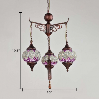 3 Lights Lantern Chandelier Moroccan Stained Glass Pendant Lighting in White/Yellow