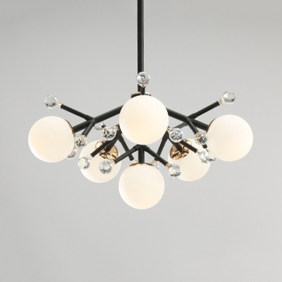 4/6/7 Lights Globe Chandelier Light Contemporary Frosted Glass Pendant Lamp with Clear Crystal Ball in Black