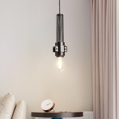 Black Cylinder Hanging Lamp 1 Light Vintage Overhead Light with Adjustable Cord and Metal Mesh for Living Room