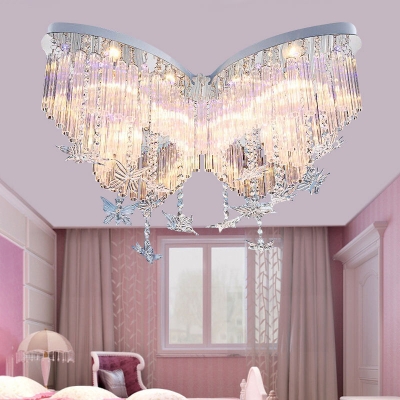 Butterfly LED Chandelier Girls Bedroom Hanging Crystal Flush Mount Light in White