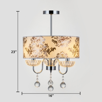 Contemporary Chrome Light Fixture with Drum and Clear Crystal Decoration 3 Lights Chandelier