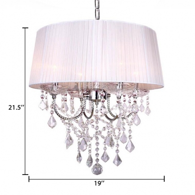 Fabric Drum Shape Chandelier 4 Lights Modern Pendant Lighting Fixture with Clear Crystal for Bedroom