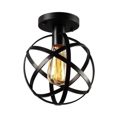 Globe Semi Flush Light for Foyer Single Bulb Metal Ceiling Light in Black