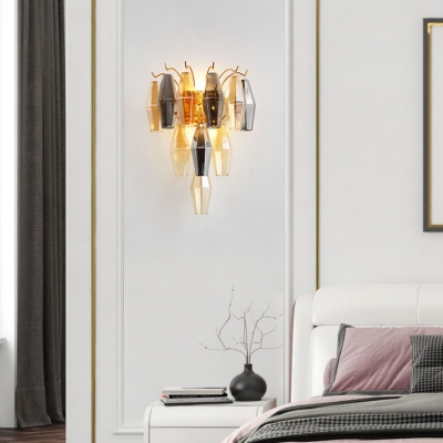 Gold Triangle Sconce Light 7 Lights Contemporary Gold/Smoke Grey/Amber Crystal Sconce for Bedroom