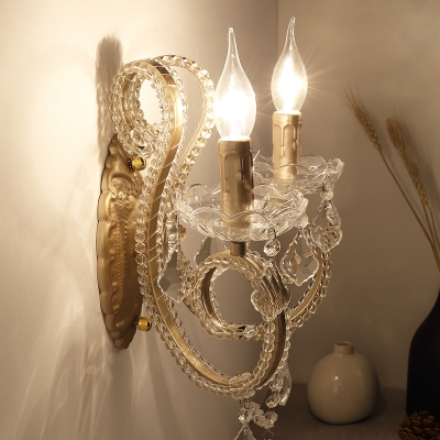 Hallway Candle Wall Mounted Light Metal Antique Style Aged Brass Sconce Lighting with Clear Crystal