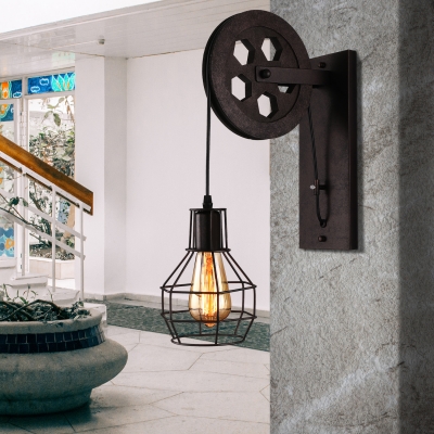 Industrial LED Wall Sconce with Cage Shade in Rust
