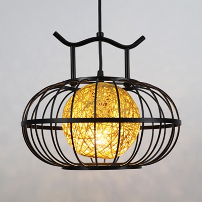 Lantern Pendant Light with Green/Red/Yellow Rattan Shade Asian Lighting Fixture for Living Room