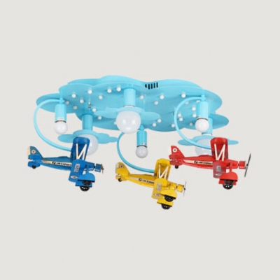 Retro Style Biplane Suspended Lamp Boys Room Glass Shade 6 Lights Flush Light in Blue/Silver/White