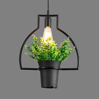 Rustic Flower Pot Pendant Light Single Light Height Adjustable Metal Ceiling Light in Black for Dining Room