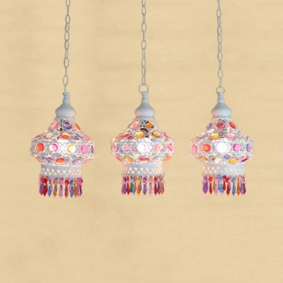 Traditional Lantern Ceiling Light 3 Lights Metal Pendant Lamp with Blue/Multi-Color Crystal and Round/Linear Canopy