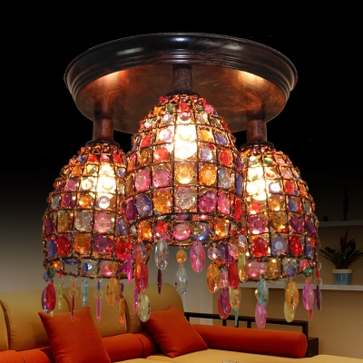 Bohemia Dome/Globe Semi Flush Light Colorful Crystal 3 Heads Ceiling Lamp for Coffee Shop