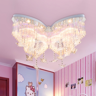 Butterfly LED Chandelier Girls Bedroom Hanging Crystal Flush Mount Light in White