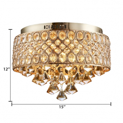 Contemporary Drum Flushmount Lighting Clear Crystal 4-Light Gold Ceiling Light Fixture for Bedroom