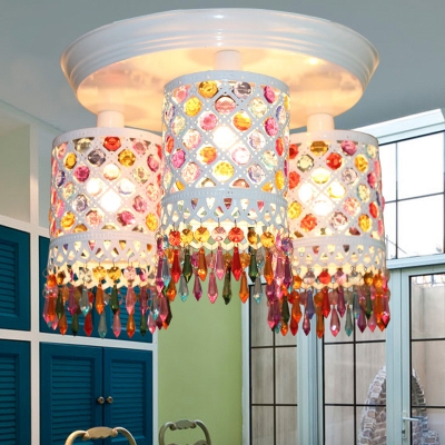Cylinder Semi Flush Light with Colorful Crystal 1/3 Lights Decorative Ceiling Light in White