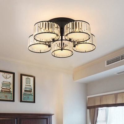 Drum Ceiling Pendant Dining Room 3/5/6/7 Lights Modern Semi-flush Mount with Clear Crystal in Black