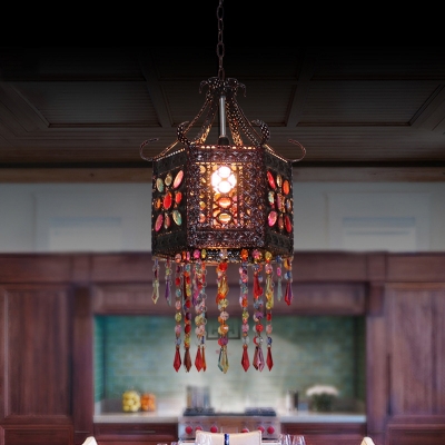 Drum Hanging Lamp Dinging Room with Colorful Crystal Single Light Antique Pendant Light Fixture in Rust