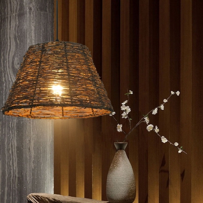Lodge Beige/Brown Ceiling Pendant with Bucket Shade 1 Light Hand Knitted Drop Light