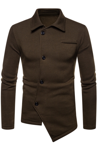 Mens Solid Irregular Design Offset Button Closure Long Sleeve Fitted Sweatshirt Jacket