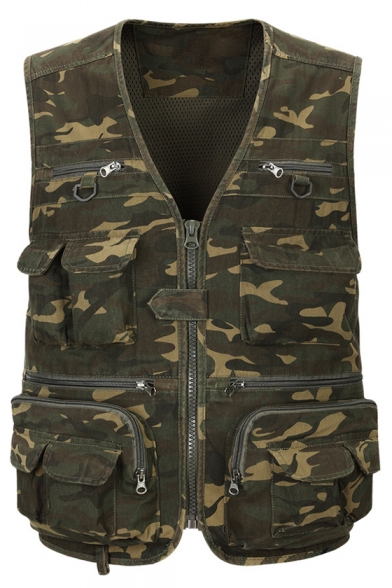 Military Style Classic Camo Printed V-Neck Zip Closure Multi-Pocket Outdoor Army Green PhotoGraphy Vest