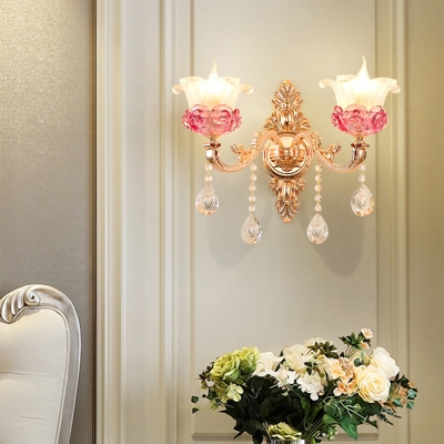 Traditional Flower Sconce Light 1/2 Lights Clear Crystal Wall Lamp in Gold for Bedroom