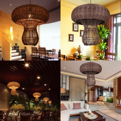 Mushroom Rattan Pendant Light for Restaurant Rustic 1 Light Hanging Lamp in Beige/Coffee
