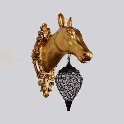 Antique Gold Sconce with Deer/Horse Decoration 1 Light Clear Crystal Wall Light for Living Room