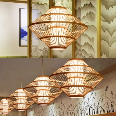 Bamboo Saucer Hanging Light One Light Asian Pendant Lighting in Wood for Restaurant