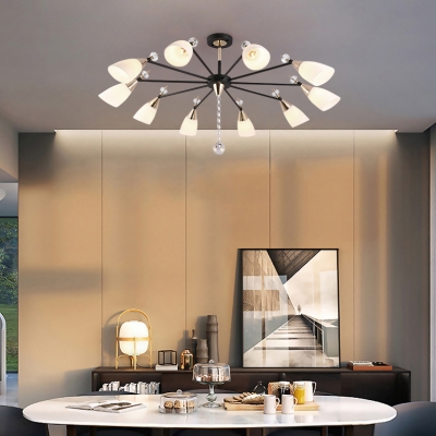 Bowl Living Room Hanging Pendant Modern Chandelier with Clear Crystal and White Glass Shade